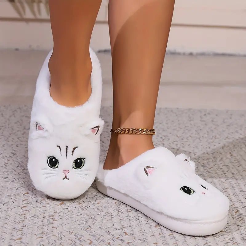 Women's Kawaii Cartoon Cat Cozy & Warm Winter Fuzzy Slippers House Shoes - oscloudgo