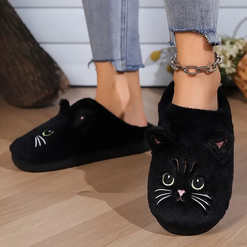 Women's Kawaii Cartoon Cat Cozy & Warm Winter Fuzzy Slippers House Shoes - oscloudgo