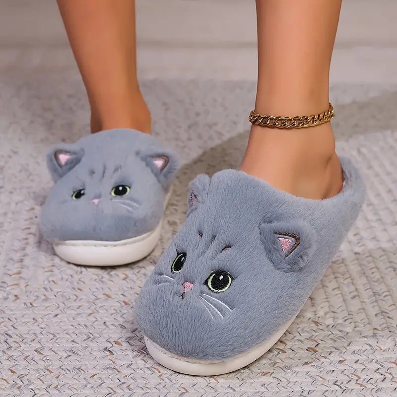 Women's Kawaii Cartoon Cat Cozy & Warm Winter Fuzzy Slippers House Shoes - oscloudgo