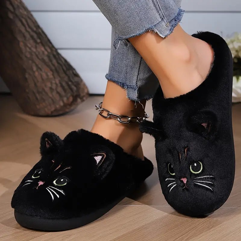 Women's Kawaii Cartoon Cat Cozy & Warm Winter Fuzzy Slippers House Shoes - oscloudgo