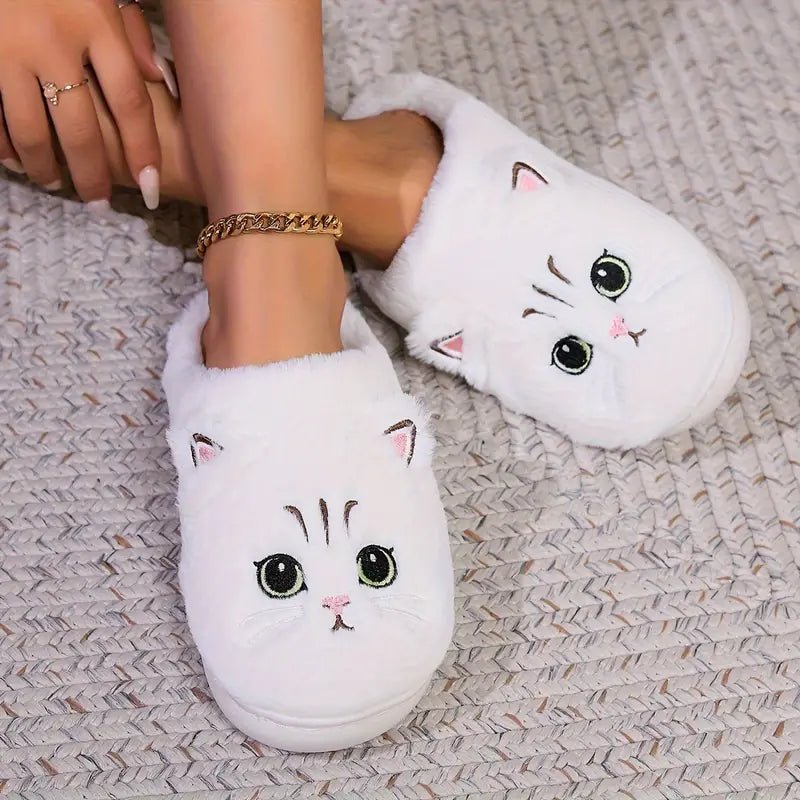 Women's Kawaii Cartoon Cat Cozy & Warm Winter Fuzzy Slippers House Shoes - oscloudgo