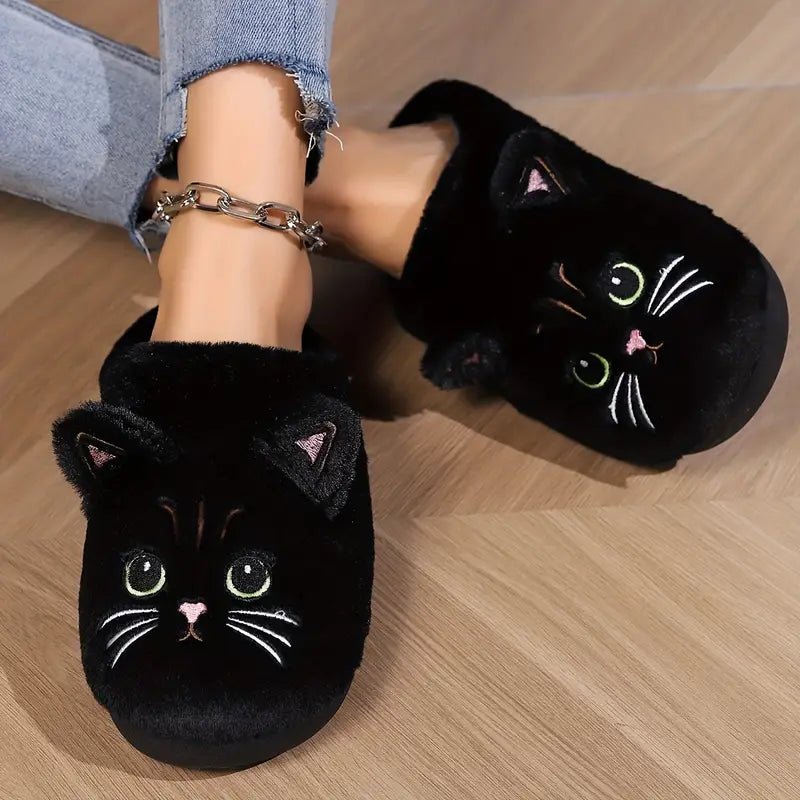 Women's Kawaii Cartoon Cat Cozy & Warm Winter Fuzzy Slippers House Shoes - oscloudgo