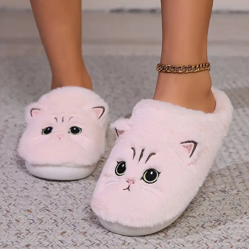 Women's Kawaii Cartoon Cat Cozy & Warm Winter Fuzzy Slippers House Shoes - oscloudgo