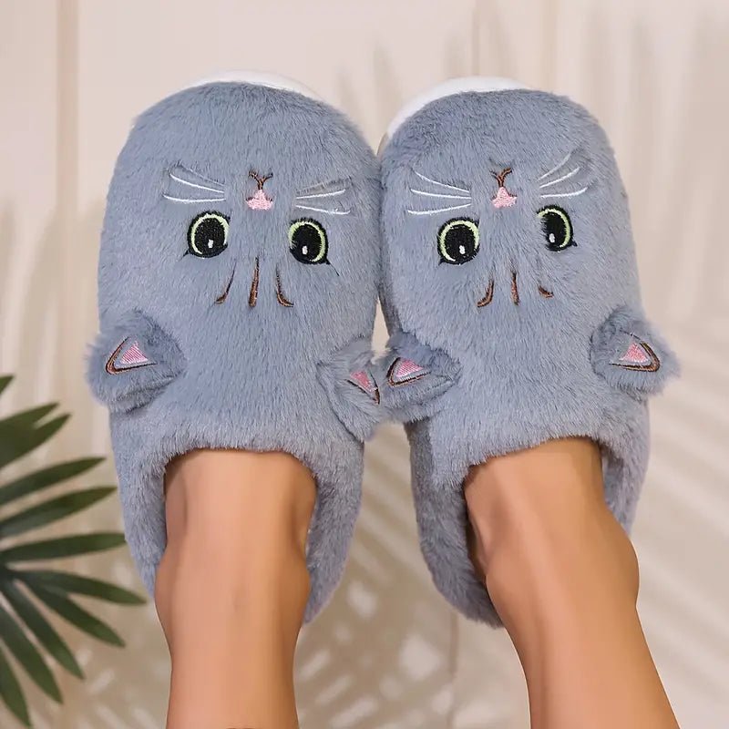 Women's Kawaii Cartoon Cat Cozy & Warm Winter Fuzzy Slippers House Shoes - oscloudgo