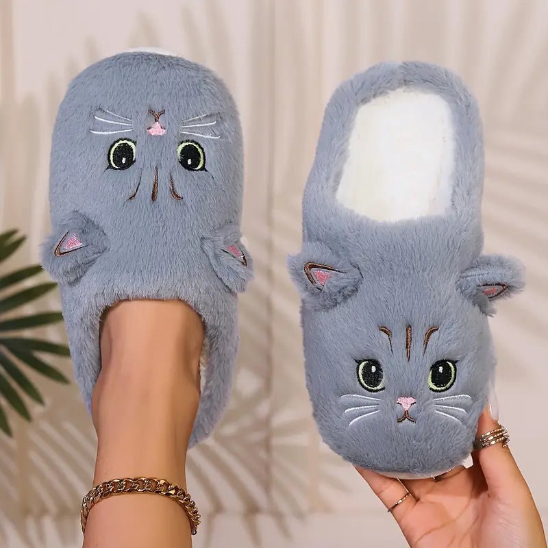 Women's Kawaii Cartoon Cat Cozy & Warm Winter Fuzzy Slippers House Shoes - oscloudgo