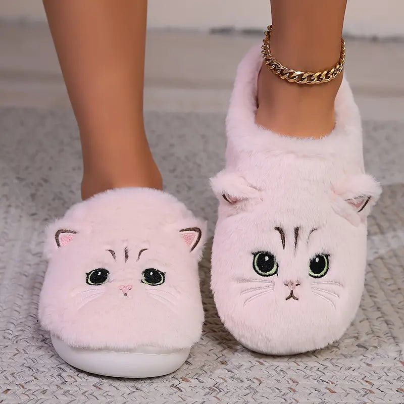 Women's Kawaii Cartoon Cat Cozy & Warm Winter Fuzzy Slippers House Shoes - oscloudgo