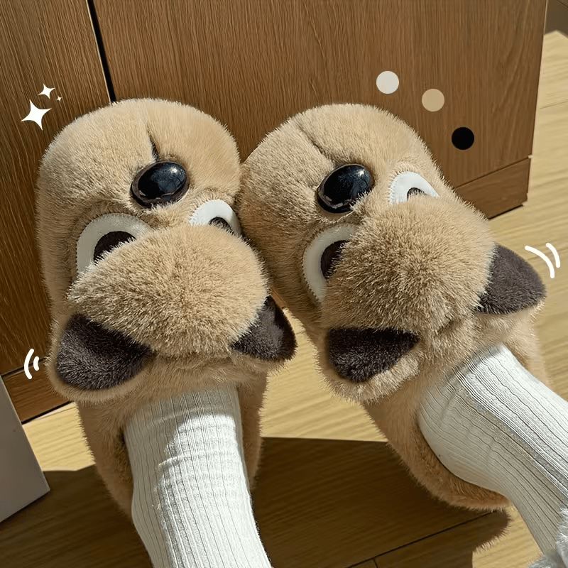 Women's Plush Cute Pomeranian Dog Design Winter Non-Slip Slippers