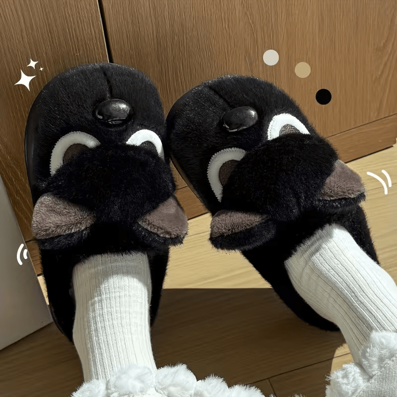 Women's Plush Cute Pomeranian Dog Design Winter Non-Slip Slippers