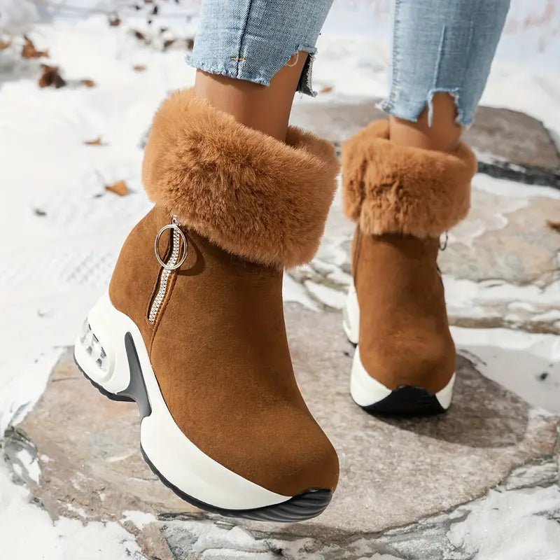 Women's Plush Lined Side Zipper Platform Winter Boots - oscloudgo