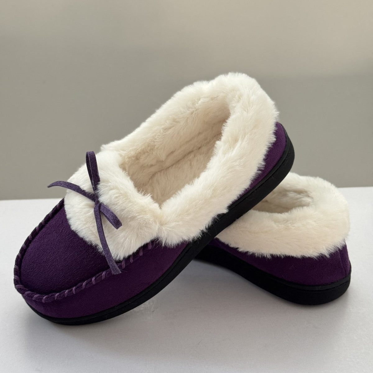 Women's Thermal Long-Pile Indoor/Outdoor Shoes Slippers Bow Slip-Ons