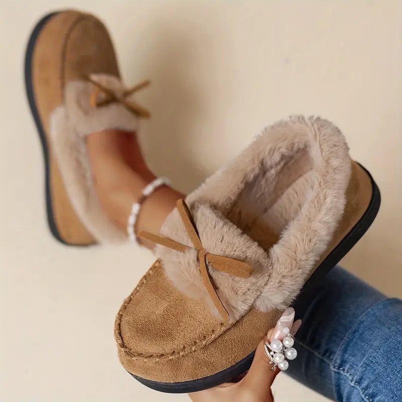 Women's Thermal Long-Pile Indoor/Outdoor Shoes Slippers Bow Slip-Ons