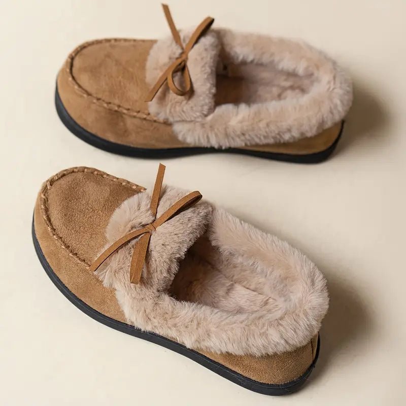 Women's Thermal Long-Pile Indoor/Outdoor Shoes Slippers Bow Slip-Ons