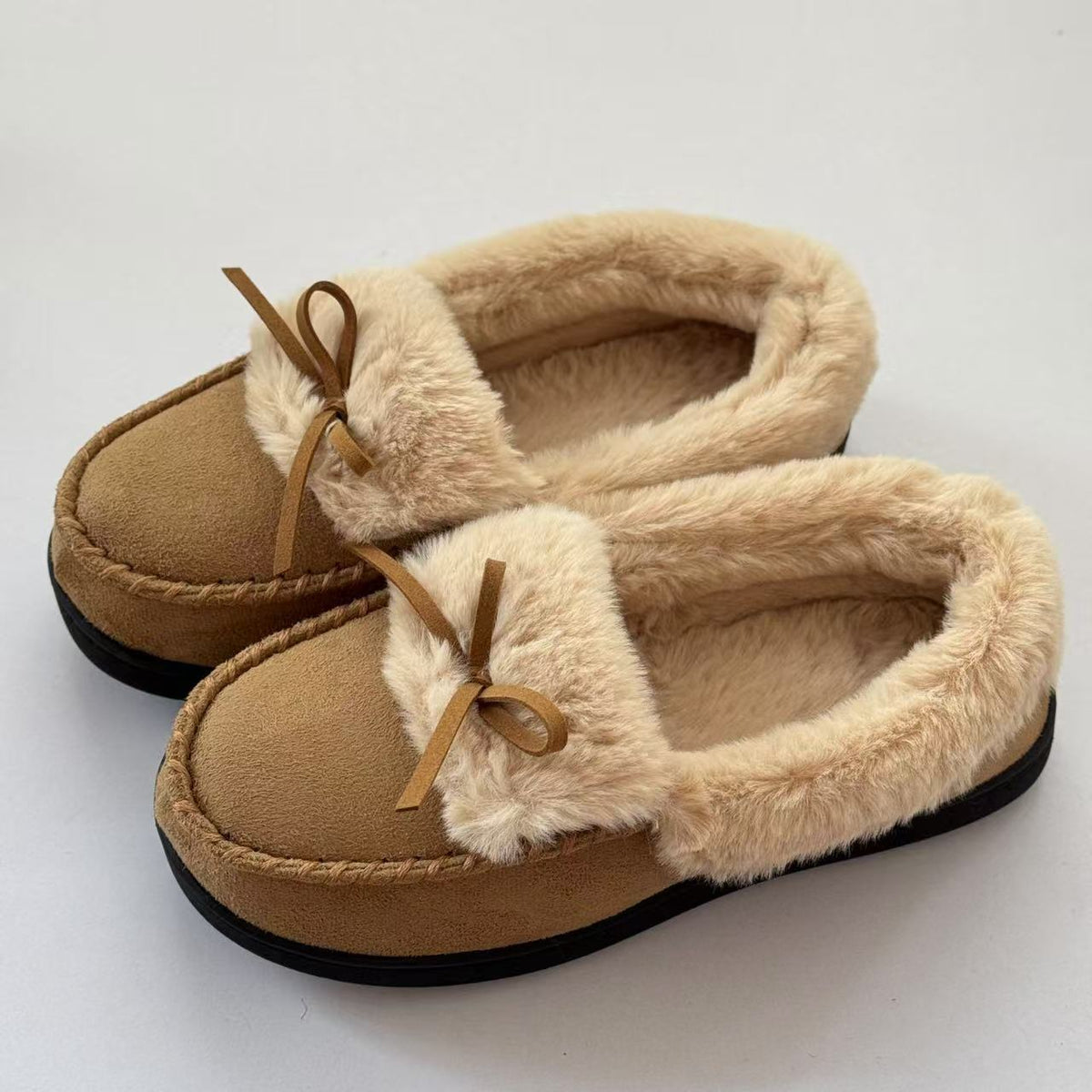 Women's Thermal Long-Pile Indoor/Outdoor Shoes Slippers Bow Slip-Ons