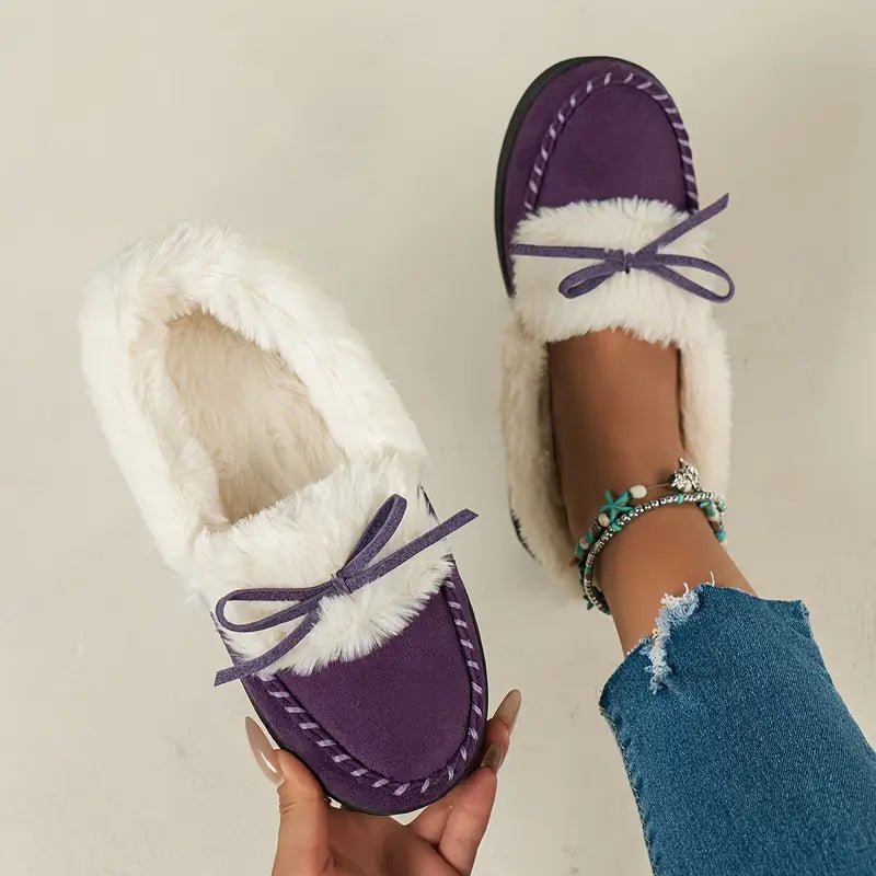 Women's Thermal Long-Pile Indoor/Outdoor Shoes Slippers Bow Slip-Ons