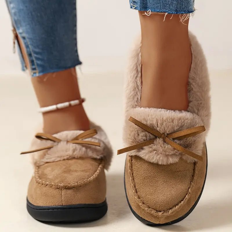 Women's Thermal Long-Pile Indoor/Outdoor Shoes Slippers Bow Slip-Ons
